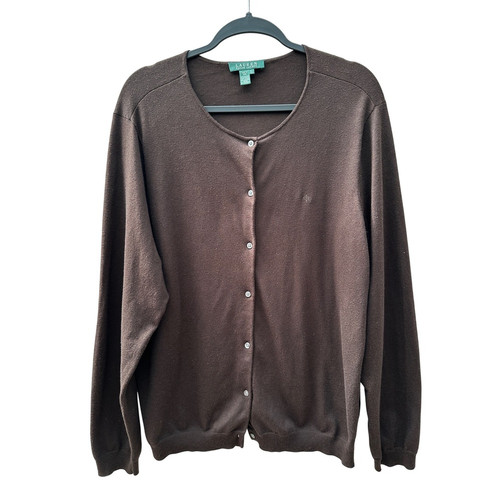 Vintage Ralph Lauren Brown Silk Blend Button Cardigan Sweater Logo Women 2X
